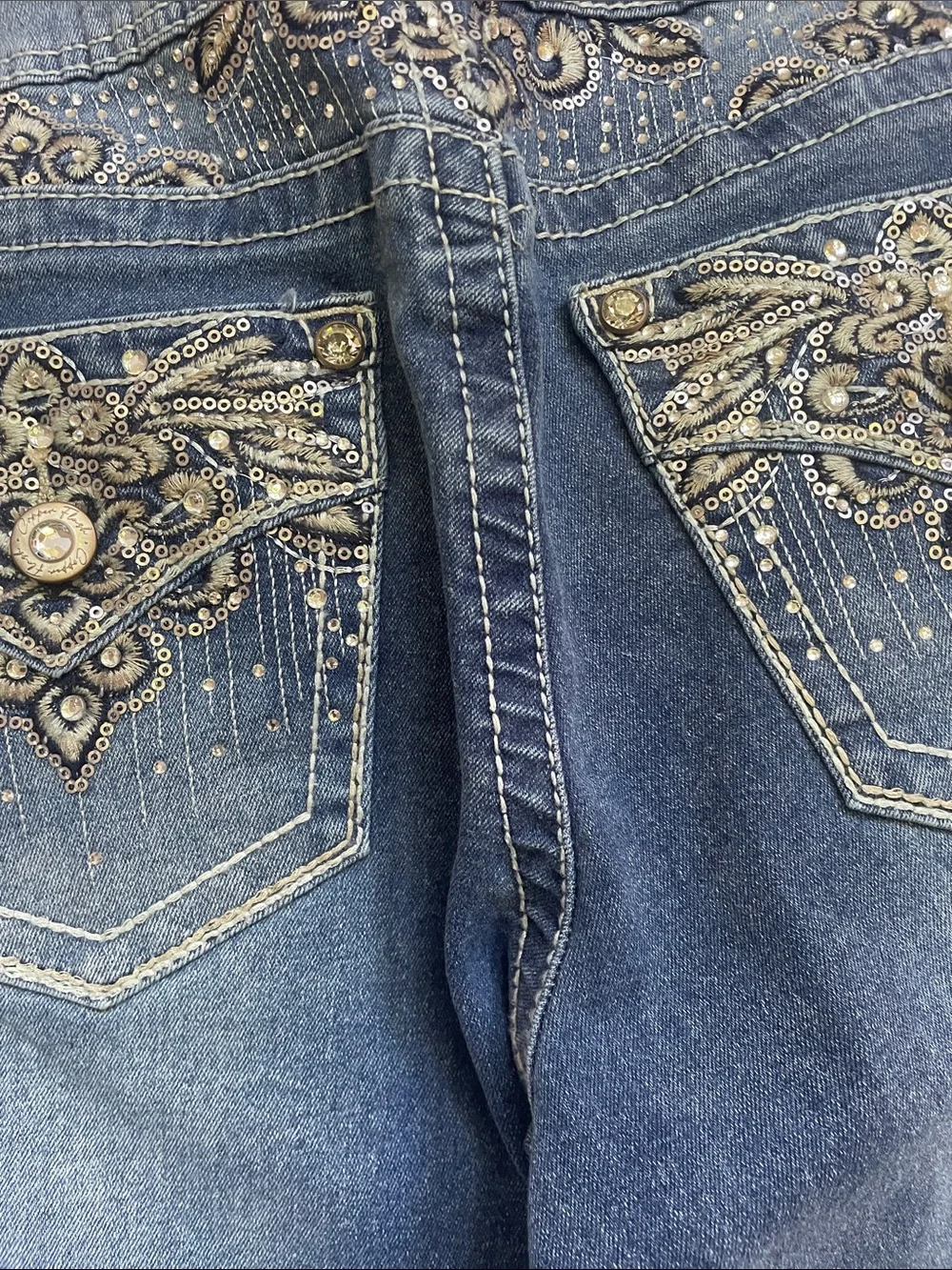 Embellished Dark Blue Thick Stitch Flare Bootcut Curvy Jeans for Women Sz 10